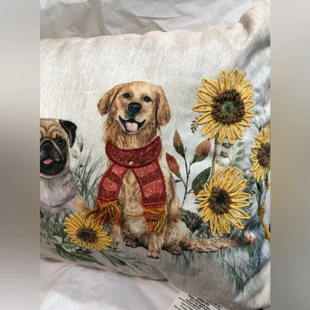 Super cute trio of puppies‎ dogs fringed decor pillow new